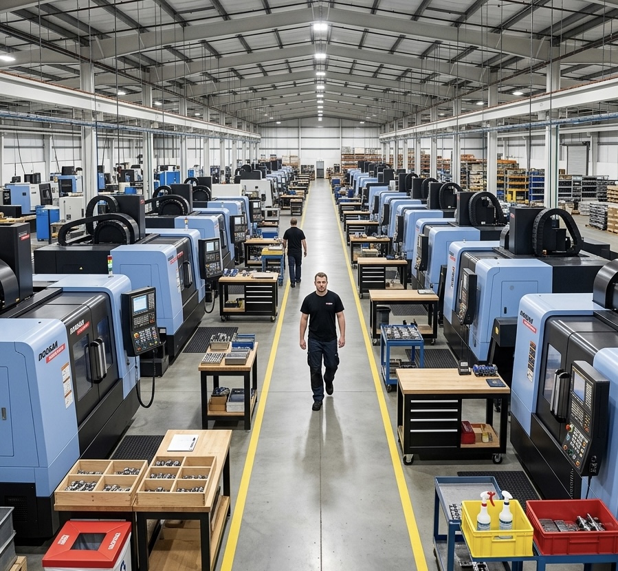 Wide view of a Cambridge manufacturing facility with rows of CNC production machines